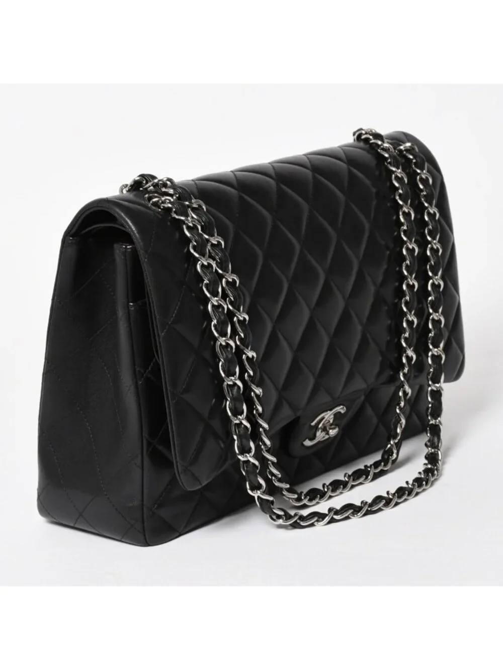 Chanel Maxi Quilted 33 Double Flap Chain Shoulder Bag CC Logo Lambskin Black